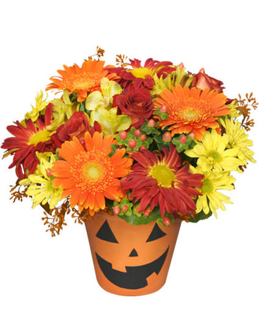 Halloween Flower Arrangement in Pumpkin Basket